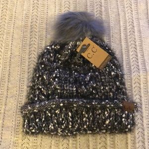 CC black and white hat with fuzzy ball top